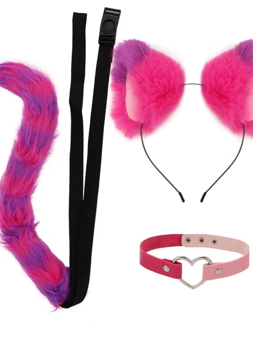 Pink & Purple Furry Ears, Tail and Heart Choker Set for Adult